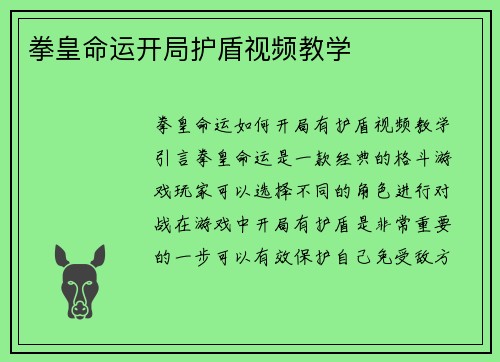 拳皇命运开局护盾视频教学